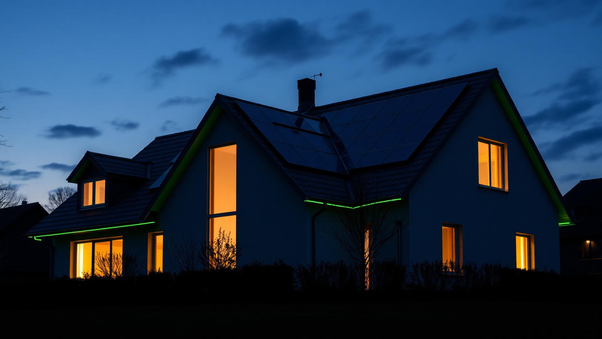 Energieeffizientes Einfamilienhaus mit Photovoltaikanlage und grüner Akzentbeleuchtung in der Dämmerung